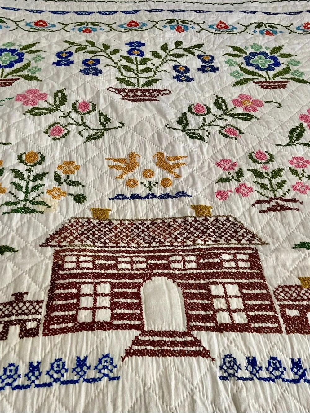 Vintage American Sampler Embroidered Hand Stitched Quilt Cottagecore Decor!
